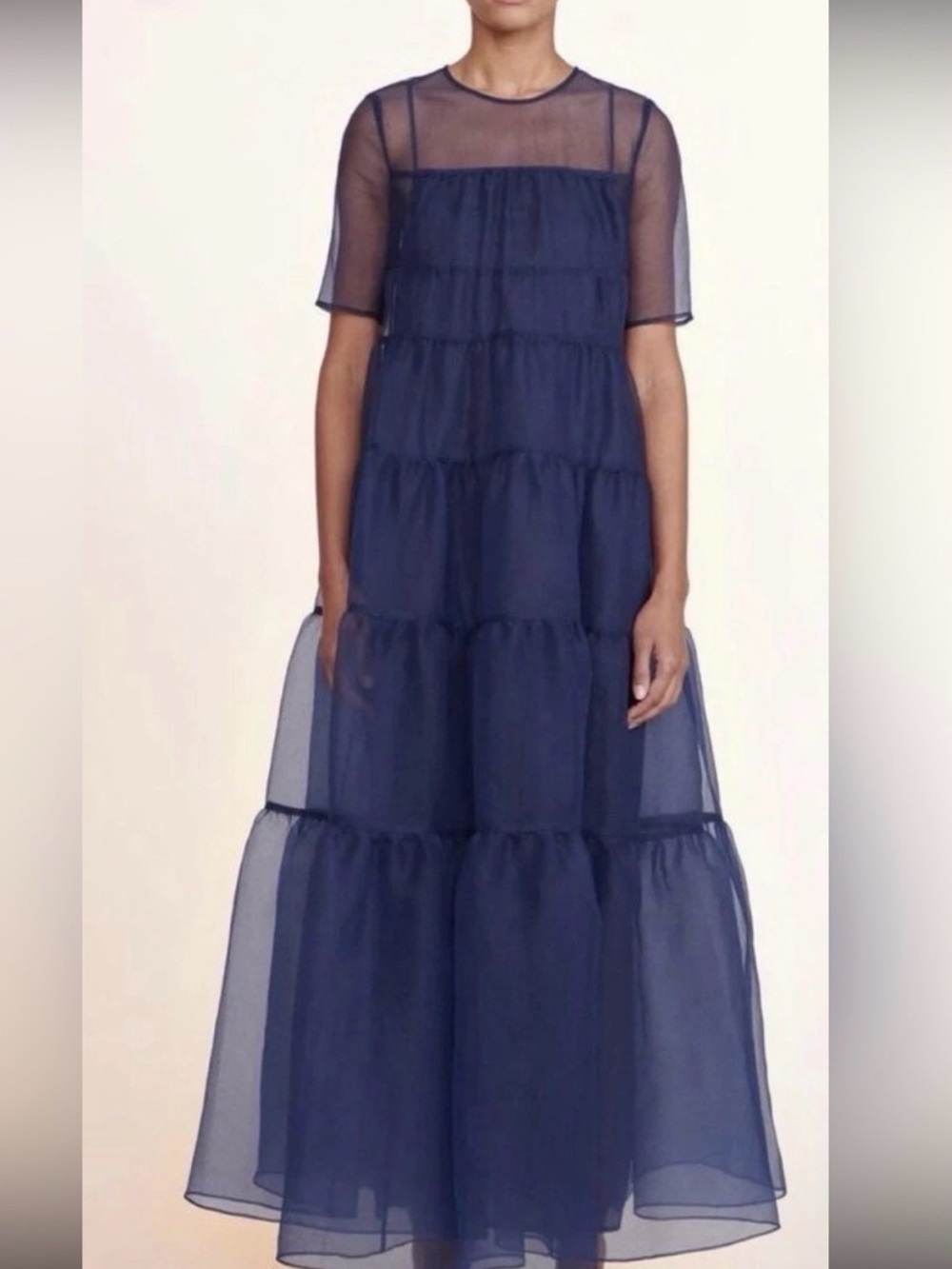 STAUD Hyacinth Navy Sheer Tiered Maxi Dress